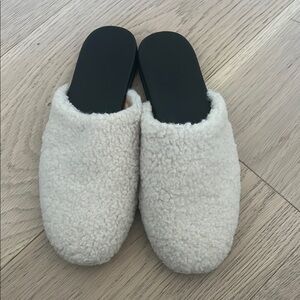 J. Crew White and Black Mules with Open Back Design